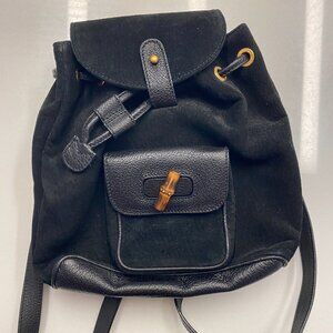 GUCCI Bamboo Backpack Suede Leather Black Gold 003 1705 0030 Auth nb031